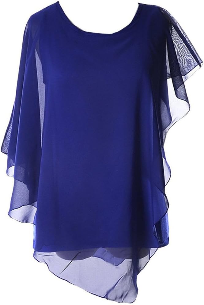 Roewe Womens Batwing Sleeve Irregular Hem Chiffon Blouse Tops