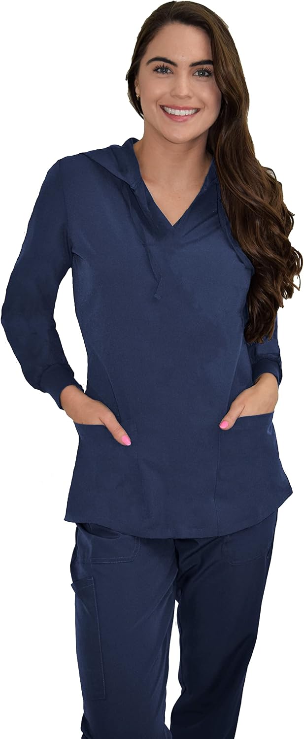 Green Town Scrubs for Women - Hoodie Pull-Over Scrub Jacket, 4 Pockets, Lightweight, Stretch Fabric, Easy Care