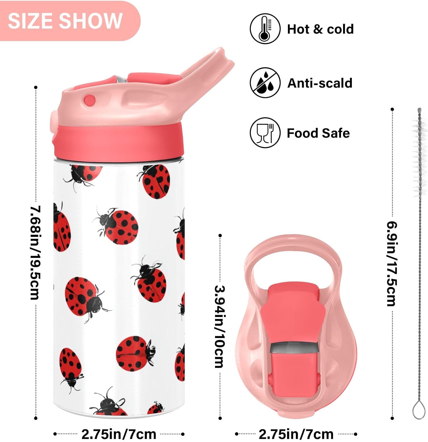 Kigai Ladybug Kids Water Bottle,Insulated Stainless Steel Reusable Metal Thermos Bottles, Leak-Proof Straw Lid, BPA-Free, For Boys,Girls - Image 2