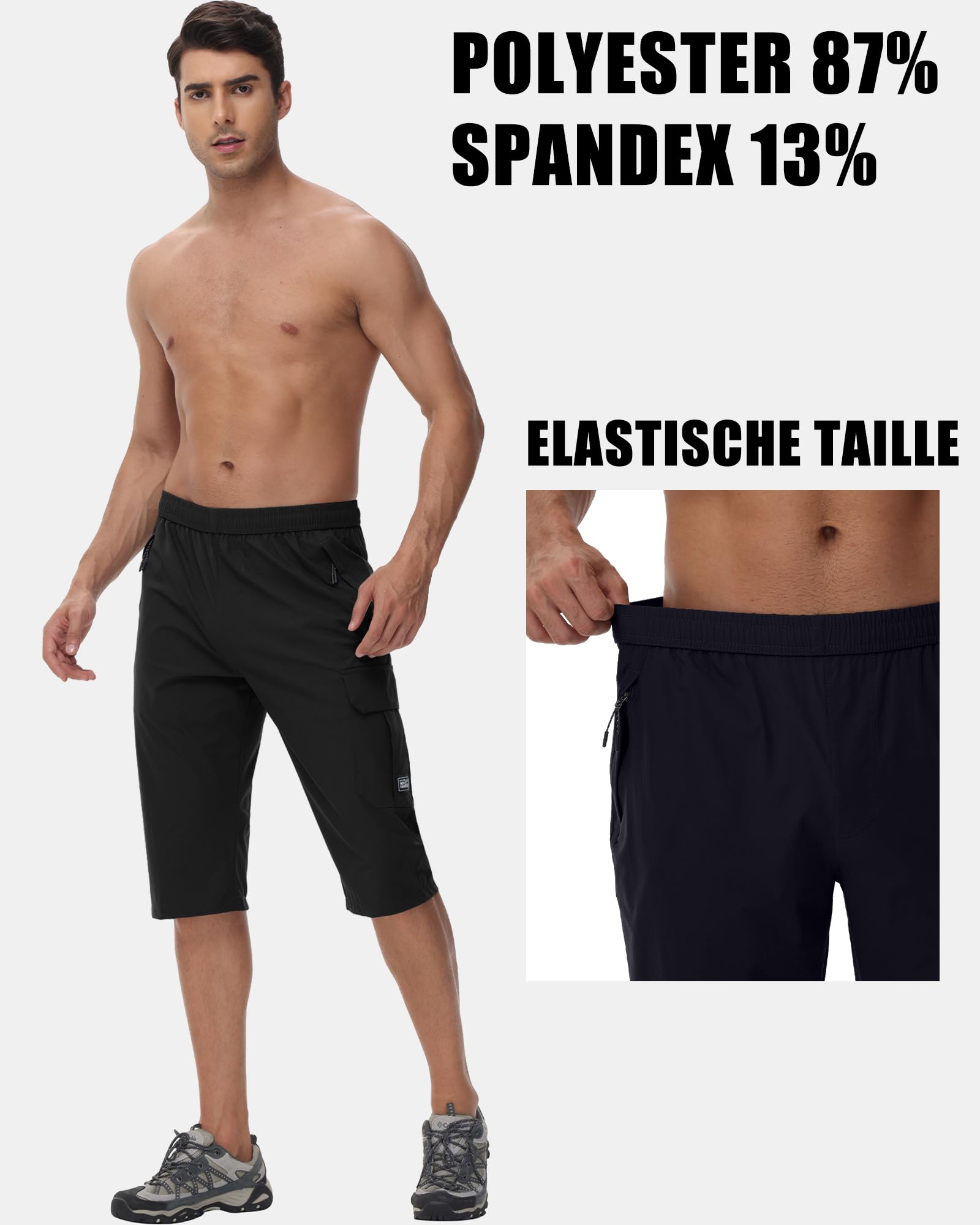 NANAMEEI Short 3/4 pour homme - Imperméable - Cargo - Pantalon de randonnée - Stretch - Pantalon de trekking - Pantalon d'été - Serren
