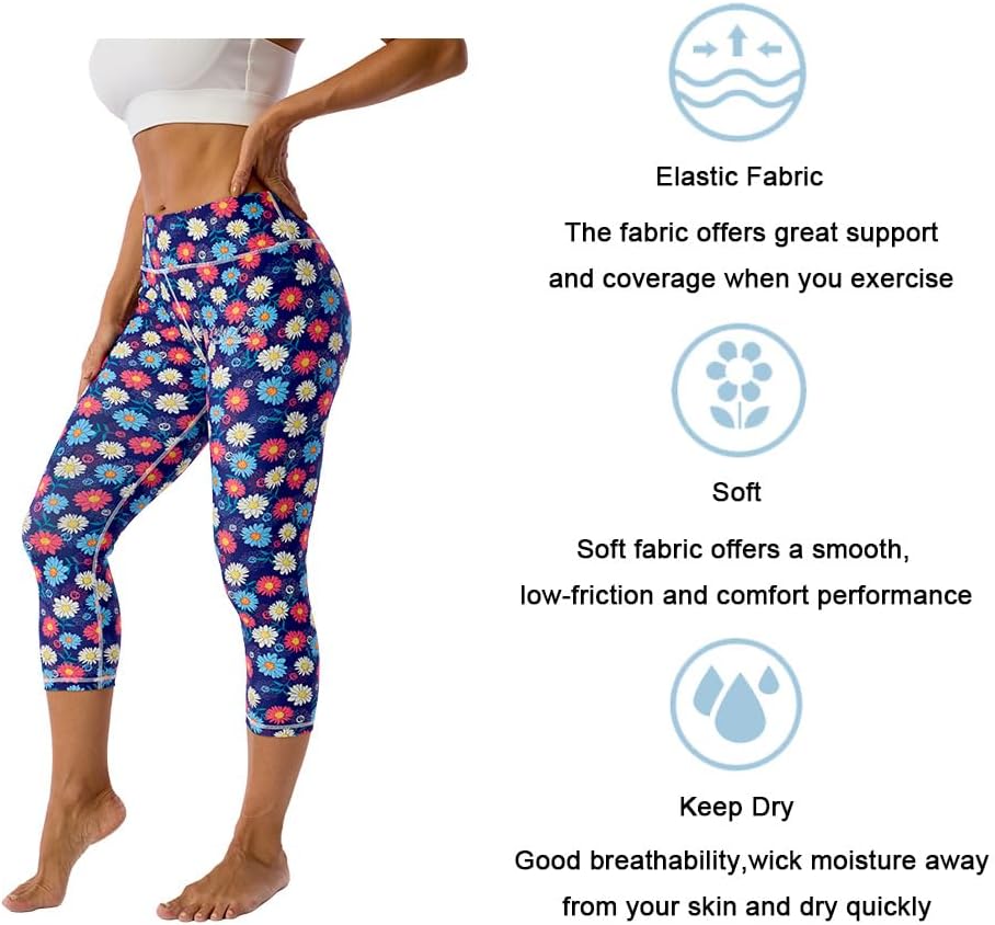 UIUO-UIPEU Pattern Printed Capri Leggings with Pockets for Women Tummy Control Workout Yoga Capris