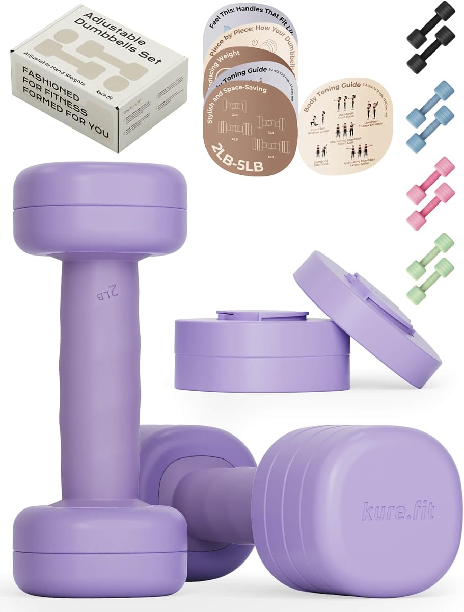 Juego de mancuernas ajustables de un solo giro | Pesas de mano 2LB 3LB 4LB 5LB para mujeres | Pesas de Pilates para mujer en casa, con agarre curvo, guía de ejercicios ilustrada y caja de presentación para ejercicios de yoga.