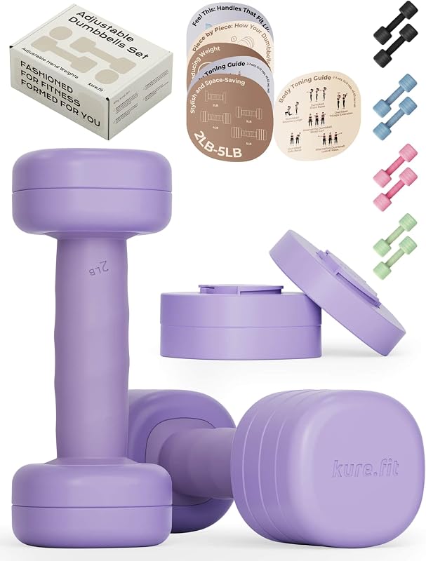 Juego de mancuernas ajustables de un solo giro | Pesas de mano 2LB 3LB 4LB 5LB para mujeres | Pesas de Pilates para mujer en casa, con agarre curvo, guía de ejercicios ilustrada y caja de presentación para ejercicios de yoga.