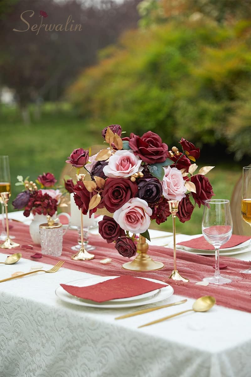 Serwalin Burgundy Artificial Flowers, Burgundy and Pink Silk Fake Flowers for DIY Wedding Decoration, Deep Red Flowers for Cake Bridal Bouquet Table Centerpieces Party Baby Shower - Image 4