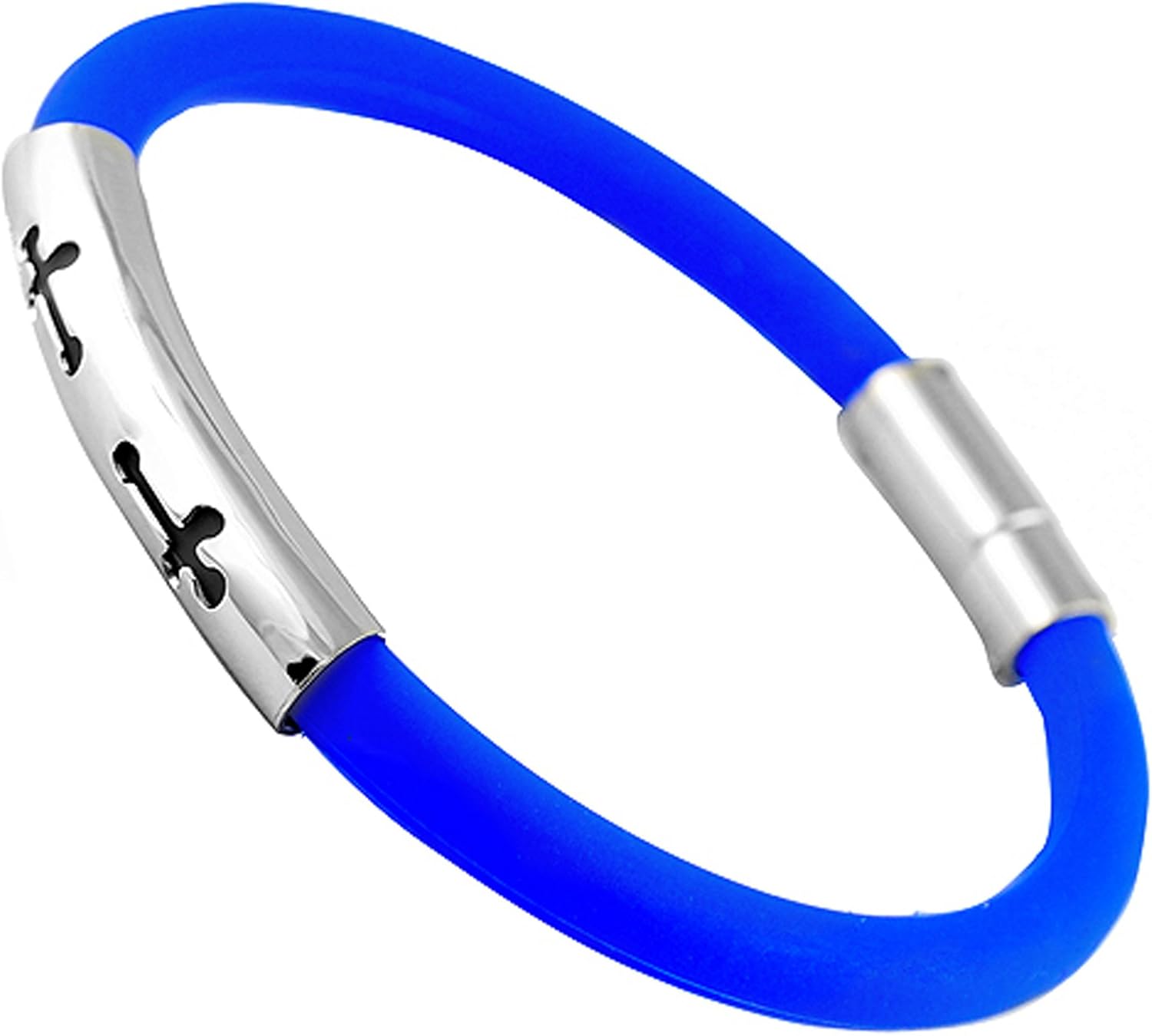 Round Stainless Steel ID Plate and Blue Rubber Bracelet