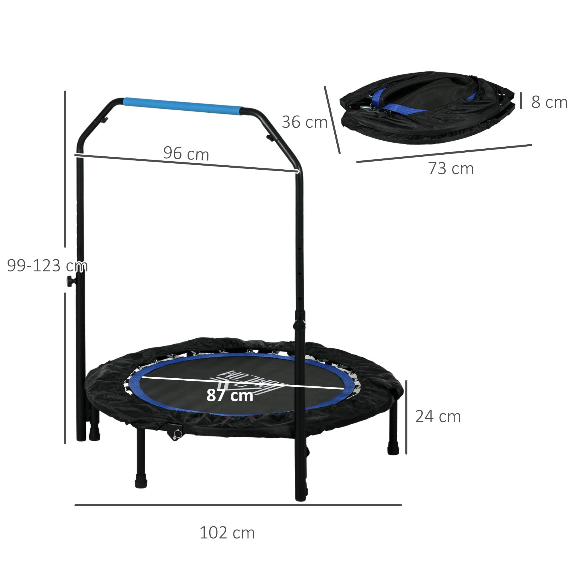 HOMCOM Trampolino Elastico per Adulti Ø102/114cm Pieghevole con Maniglia Regolabile, Tappeto Elastico a Molle Bunge, in Acciaio e PP