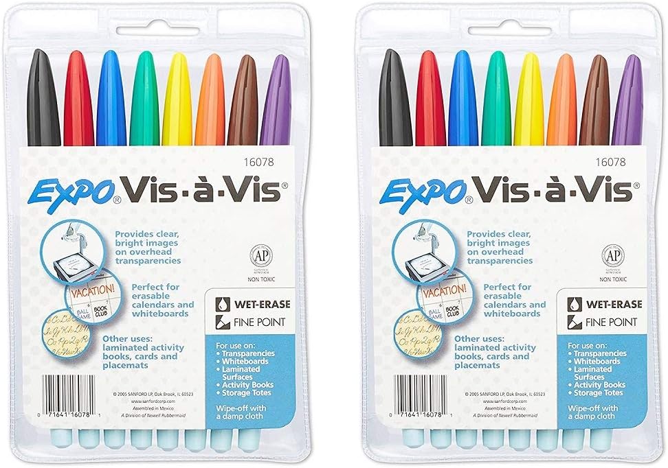 EXPO 16078 Vis-A-Vis Wet-Erase Overhead Transparency Markers, Fine Point, Assorted Colors, 2 Packages (8-Count)
