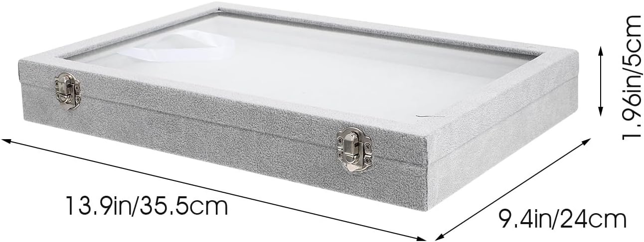 Alipis Ring Display Organizer Tray with 100 Slots, Gray Velvet Jewelry Storage Box with Glass Lid, Ring and Earring Holder for Home and Boutique Showcase