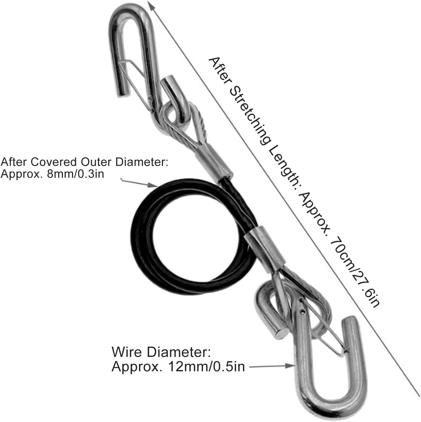 Trailer Cable with S Hook, 27.6 Inch Spring Coiled, Galvanized Iron, 3500lbs Capacity, for RV Towing