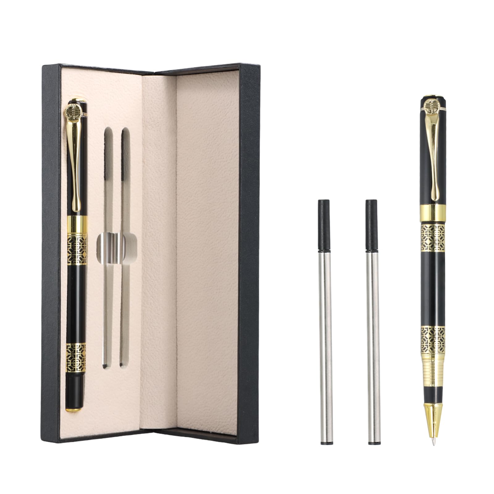 0.5 mm Business Metal Ballpoint Pen, Luxury Rollerball Pen with 2 Refills, Black Ink, Metal Signature Pens, Smooth Writing, Professional Fancy Gift Boxed Pens for Men Women Business Office New Year