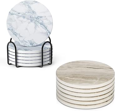 LIFVER Drink Coasters 6 Pieces Ceramic, Absorbent Coasters for Drinks,Stone Style Coaster Set with Cork Base for Wooden Table,Housewarming Gift for Friend