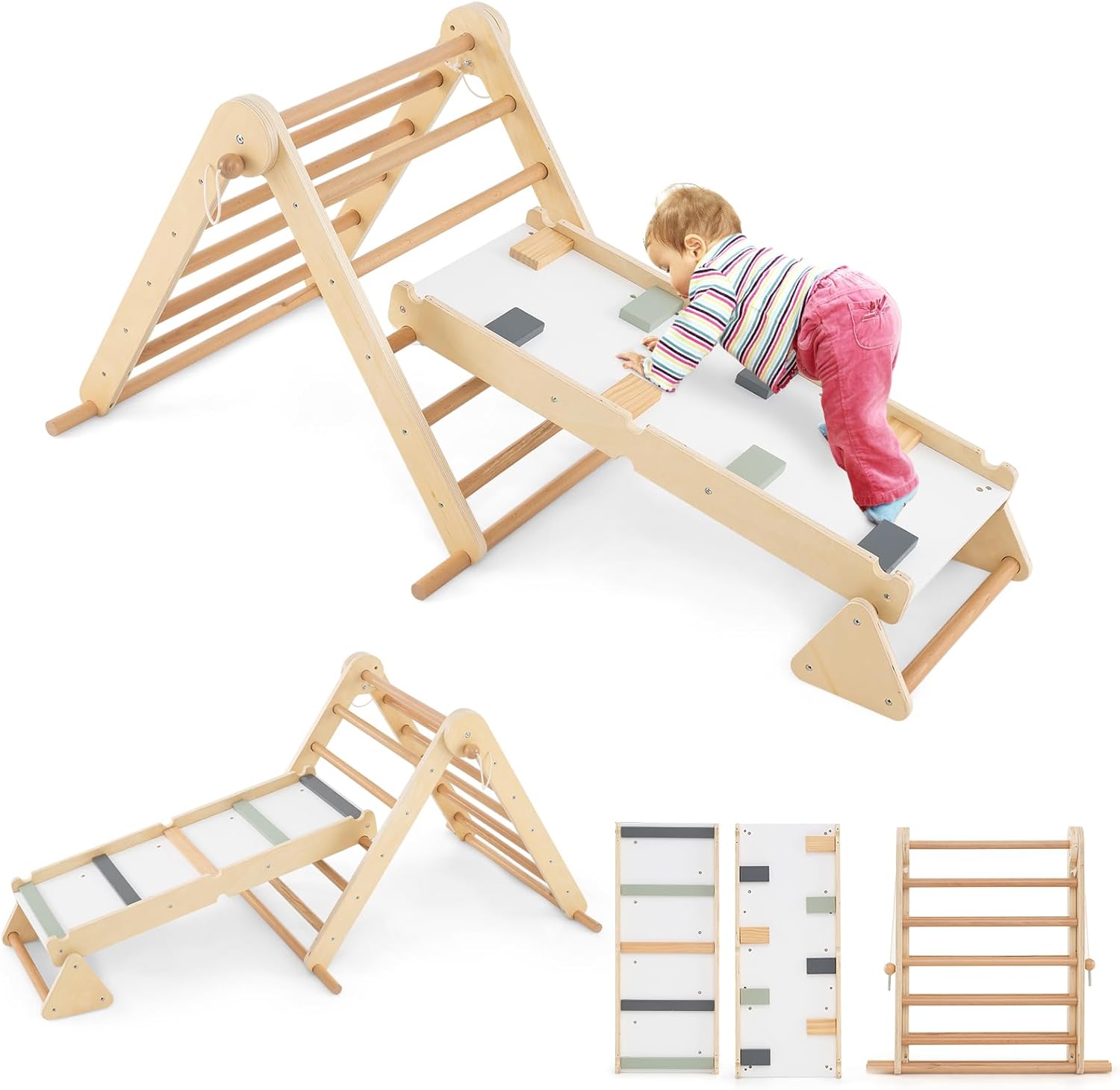 Image of Set di Arrampicata per Bambini 3 in 1, Arrampicata in Legno Pieghevole con Rampetta a Doppia Faccia e Triangolo di Arrampicata Regolabile, Triangolo Montessoriana per Bambini 3+ Anni