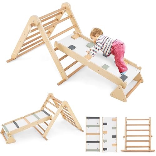 Costzon 3 in 1 Triangle Climbing Set, Kids Montessori Climbing Toys with Dual Side Ramp, Adjustable Climbing Triangle, Foldable Wooden Climber Jungle Gym for Toddlers Boys Girls 3+ Years Old