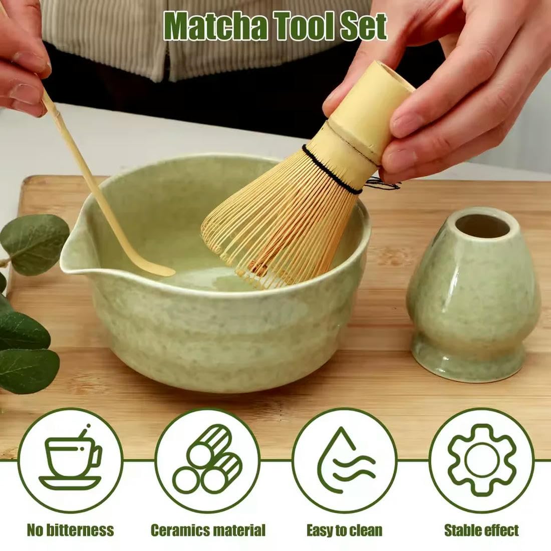 Japoński zestaw matcha z ceramiczną miską trzepaczką do matcha i miarką do herbaty dla miłośników herbaty, prezenty, akcesoria do robienia herbaty, 4 szt