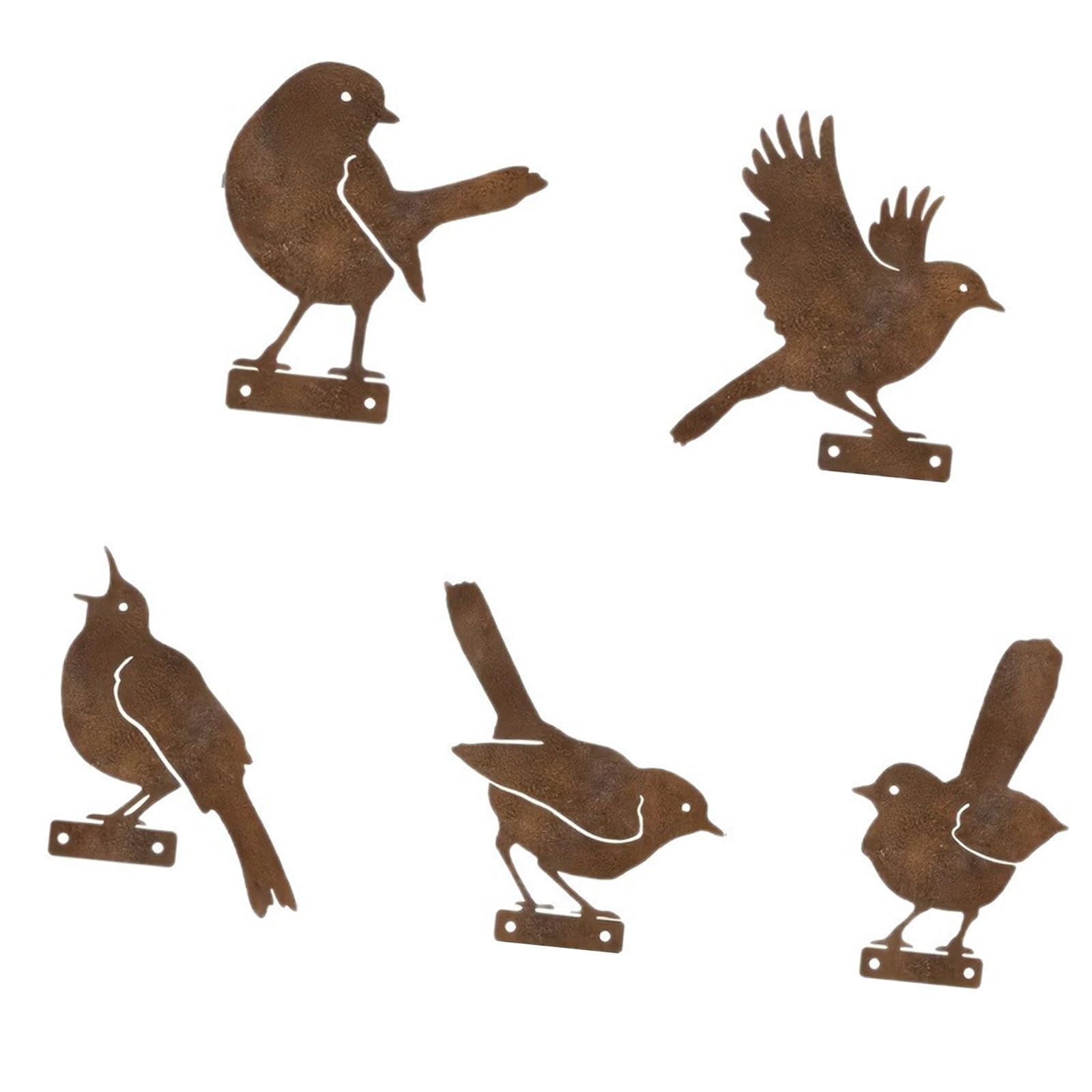 Pájaros de metal para jardín con acabado color óxido envejecido, juego de 5 adornos
