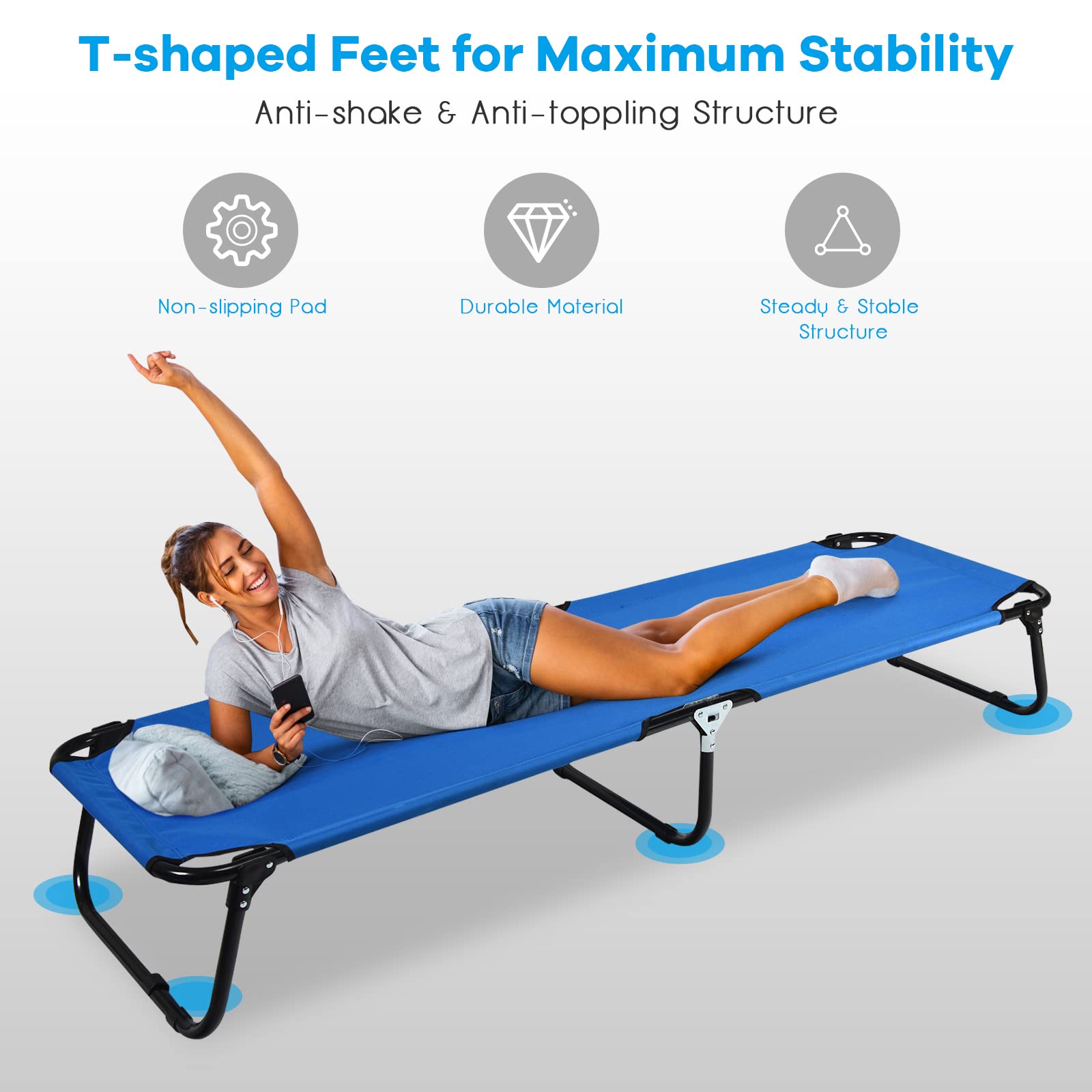 GIANTEX Lit de Camping Pliable avec Base en Métal pour Intérieur et Extérieur, Lit de Loisirs Ultra Léger pour Voyage, Randonnée, Pêche, Charge Maximal 150 kg (Bleu)