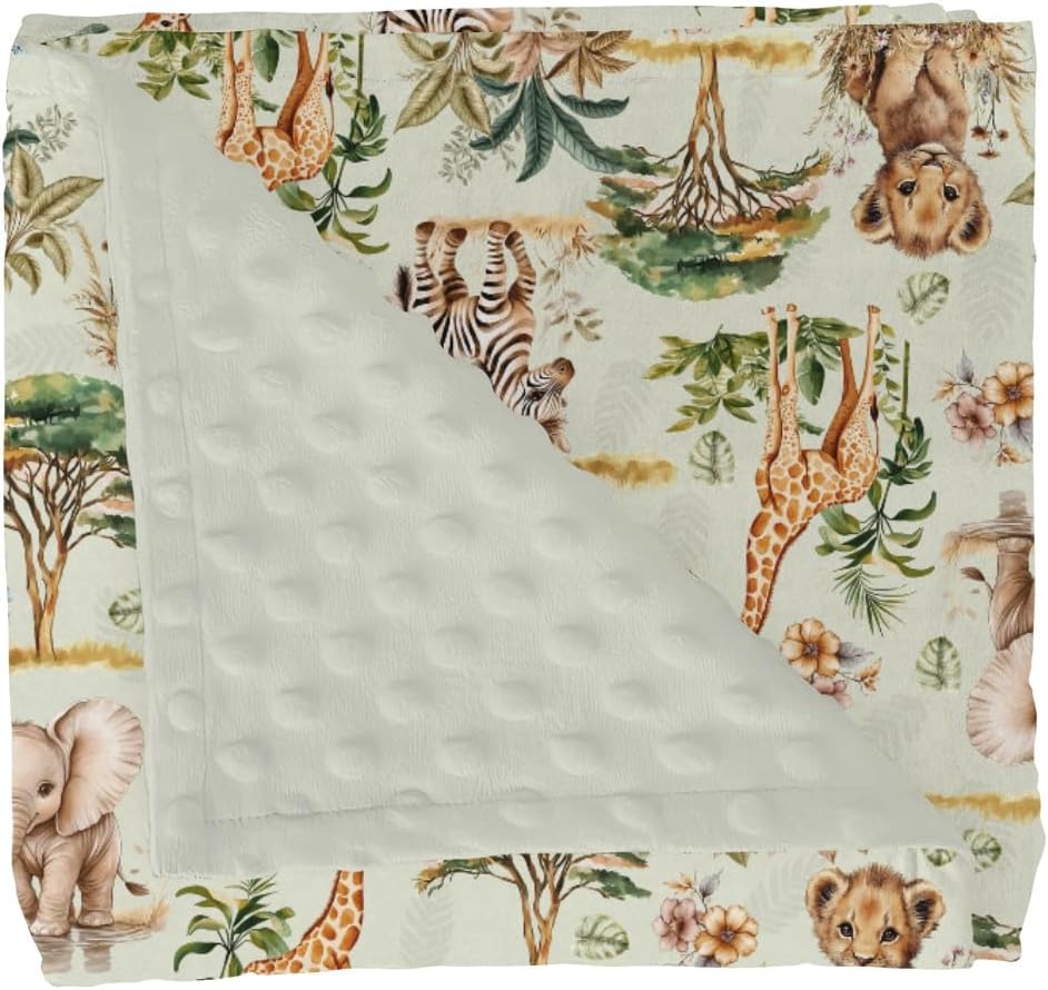 Safari Jungle Animals Baby Blanket for Girl Boy Lion Zebra Monkey Giraffe Elephant Trees Soft Mink Dotted Backing Double Layer Swaddle Blanket African Animal Bed Throws for Newborn Toddler Crib 30x40