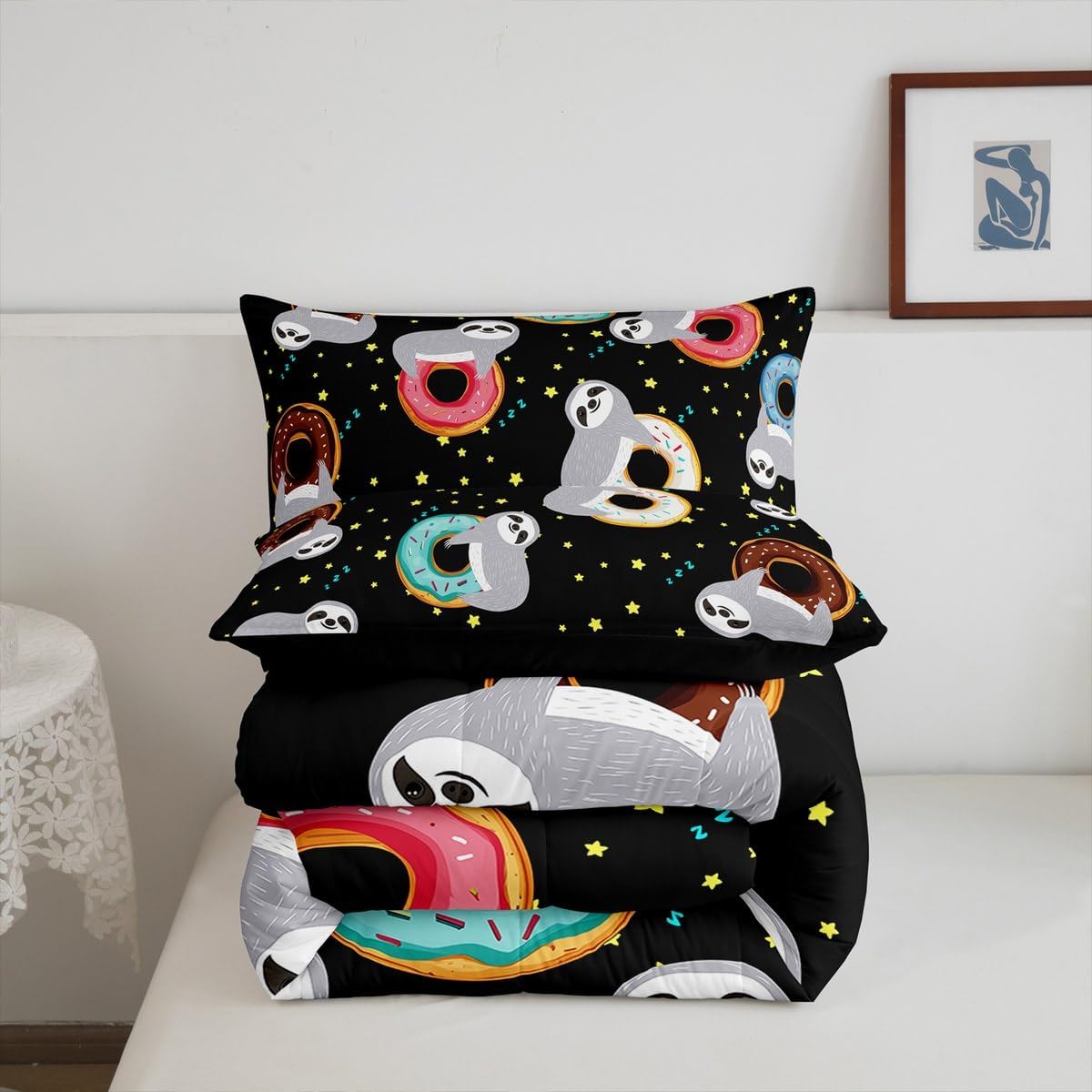 Cartoon Sloth Bedding Set for Kids Boys Girls,Sprinkles Donut Printed Comforter Set with Glitter Stars,Sweet Dessert Food Duvet Insert All Season Soft,Funny Sloth Microfiber Down Comforter Twin 2pcs