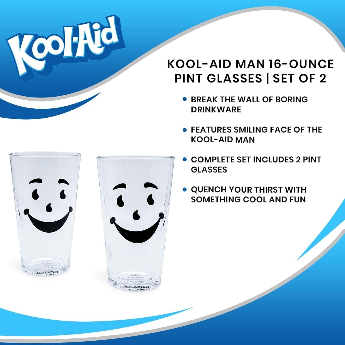 Toynk Kool-Aid Man 16-Ounce Pint Glasses, Set of 2 | Large Drinking Cup Glassware For Water, Juice, Iced Tea, Cocktails | Home & Kitchen Essentials, Nostalgic Gifts