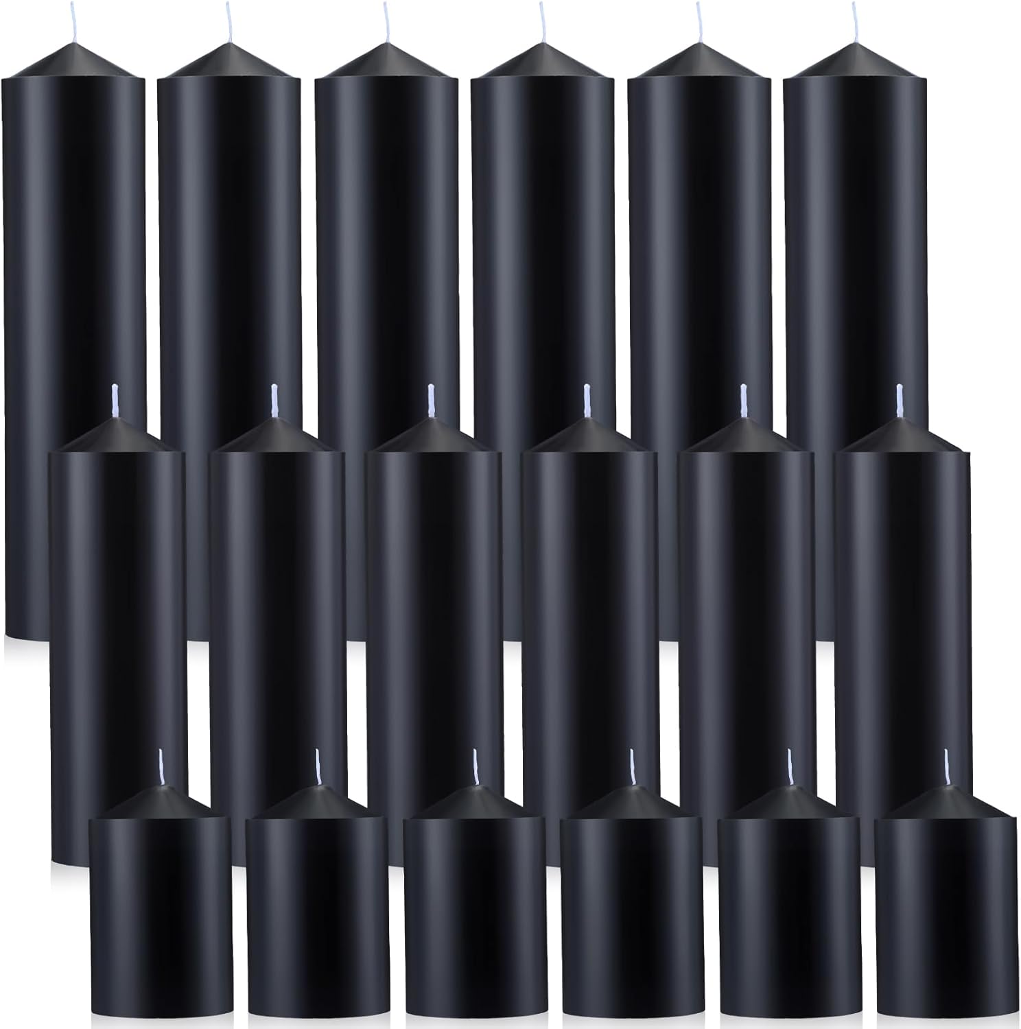 MTLEE 18 Pcs Set of 3 Pillar Candles Bulk 2 in x 3, 6, 8 Long Burning Clean Unscented Smokeless Pillar Candles for Wedding Emergency Lanterns Ceremony Party(Black)