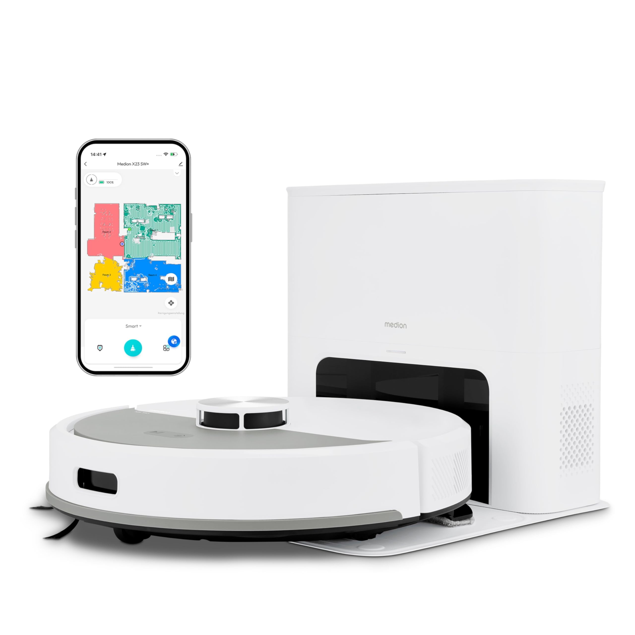 MEDION Saugroboter mit Absaugstation und Wischfunktion X23 SW+ (Lasernavigation, Starke 5000Pa Saugkraft, 2in1 Roboterstaubsauger, präzise Kartenerstellung, Go & No Go Bereiche, mehrere Etagen) weiß