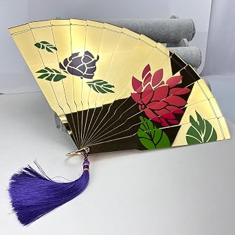 Red Purple Colored Acrylic Golden Carving Lotus Folding Fan Costume Props Accessory for Douma Cosplay