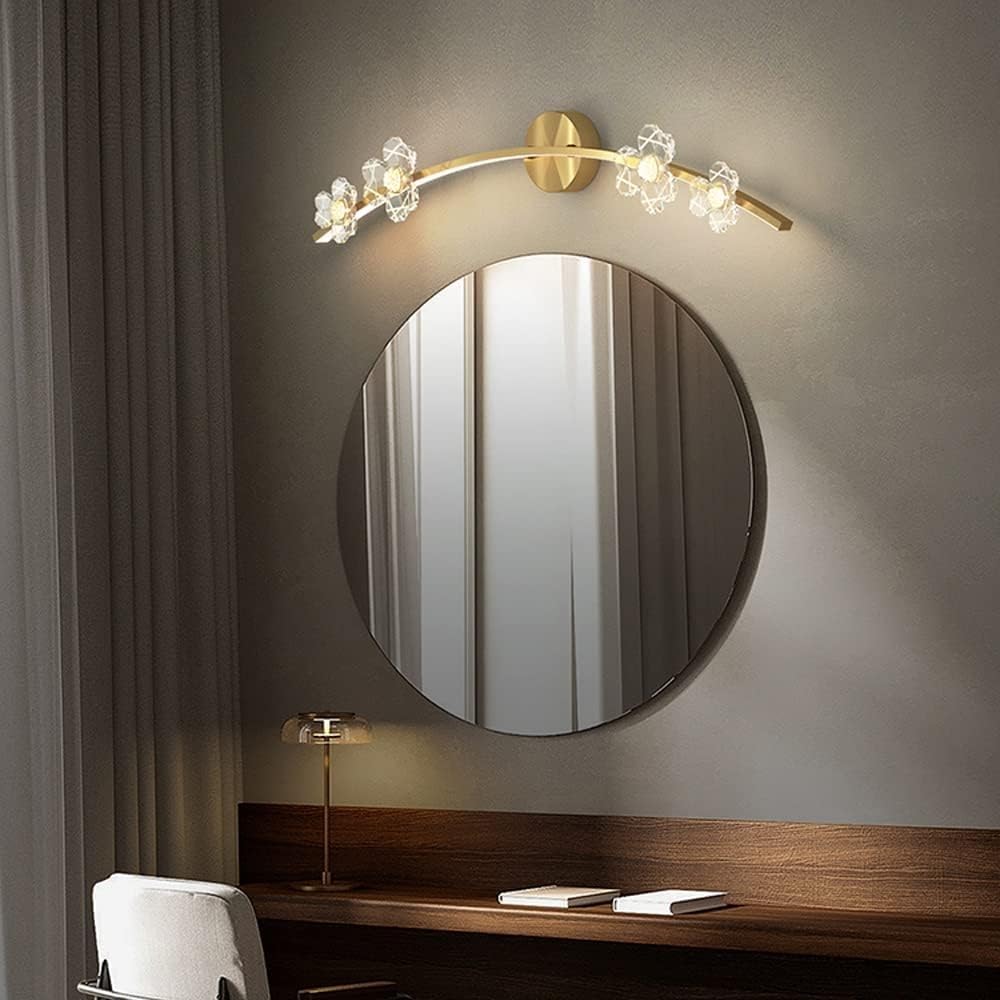 Lampada da toeletta in oro, Lampada da parete a fiori in acrilico a LED in ottone nordico, Lampada da armadio a specchio for bagno Dimmerabile Lampada da parete tutta in rame creativa, Applique da par