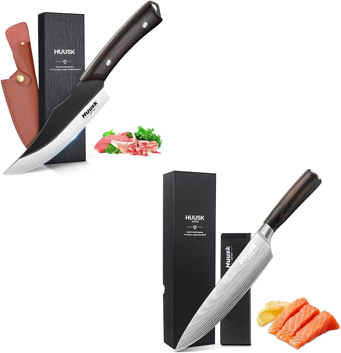 Huusk Chef Knife Bundle with Cool Boning Knives with Leather Sheath and Gift Box