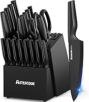 Astercook 21-Piece Knife Block Set with Built-in Sharpener, Dishwasher Safe German Stainless Steel Knives, Black Anti-Rust Coating