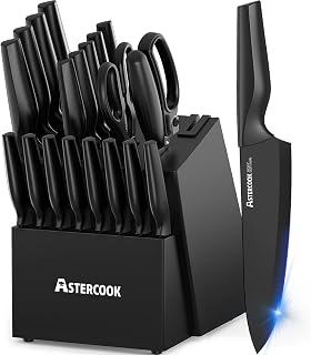 Astercook 21-Piece Knife Block Set - Dishwasher Safe German High-Carbon Steel Knives with Built-in Sharpener