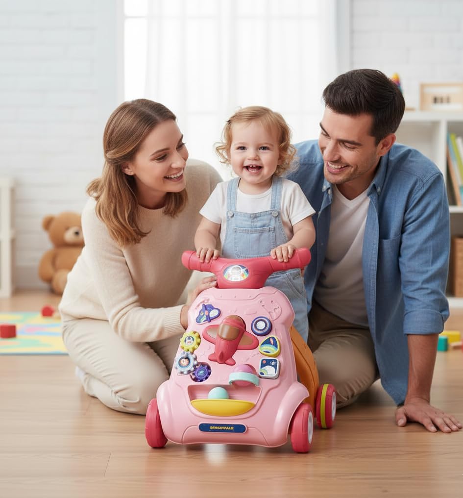 Goyal's Multi-Functional Sit-to-Stand Baby Walker with Music, Lights & Activity Center – Detachable Airplane, Rotating Gears, Shape Sorter, Ball Game, Adjustable Wheel Speed & Sand/Water Fillable Legs for Extra Stability (Pink) 2