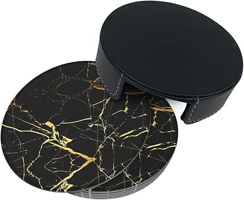 Miniatura 4 de Drink Coasters Set of 6, Black Gold Marble Printed PU Leather Round Coaster with Holder for Outdoor, Office, Bar, Funny Heat-Resistant Home Desk