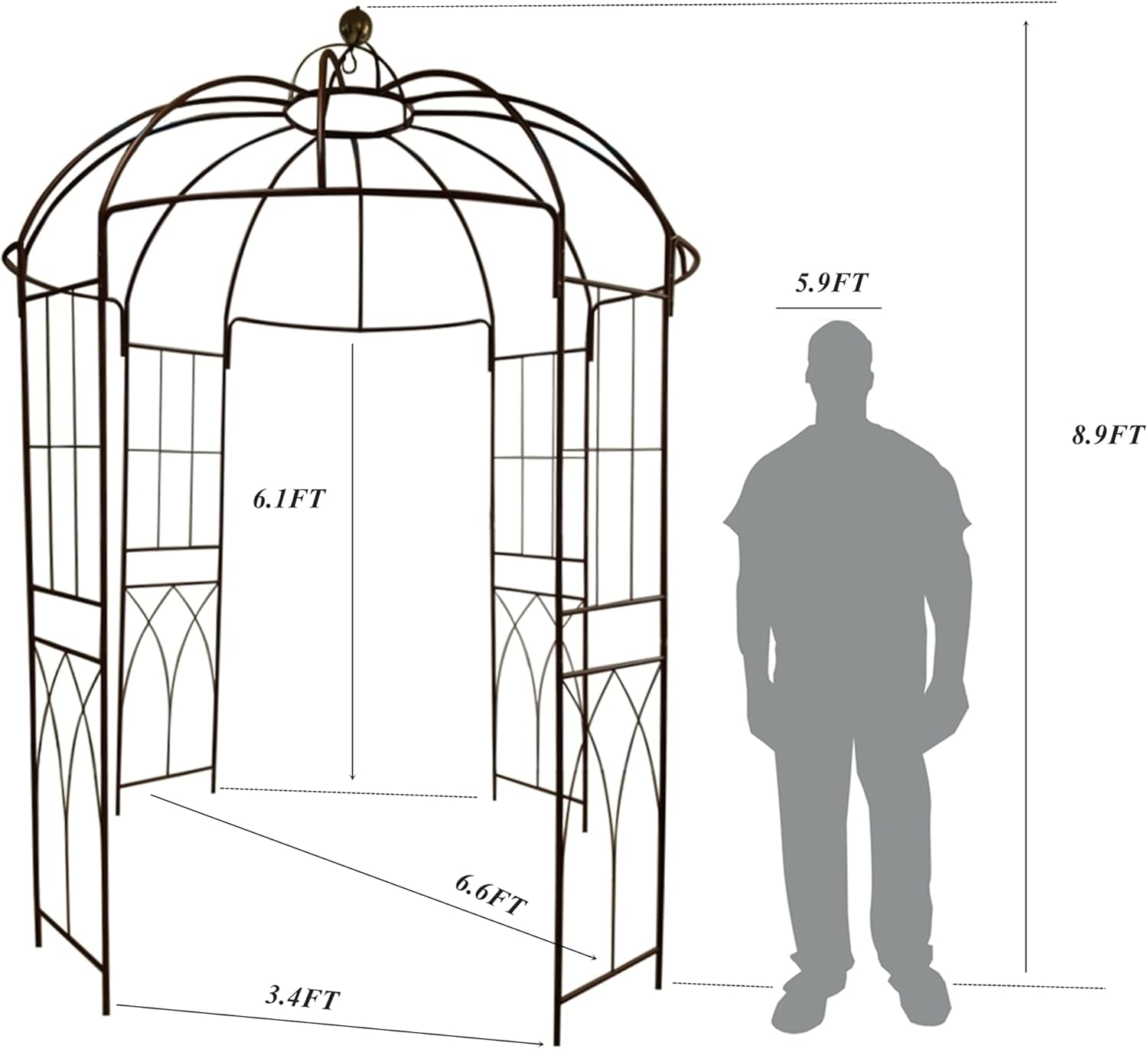 Metal Gazebo Pergola Pavilion Arbor Arch Trellis French Style with Hook 9' Highx 6'6" Wide for Various Climbing Plants Support Outdoor Garden Decoration, Dark Rust