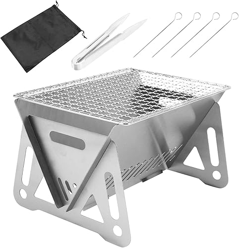 Parrilla portátil pequeña, 6 piezas, parrilla plegable para fogatas, parrilla de barbacoa, con pincho de pícnic, pinzas para alimentos, para