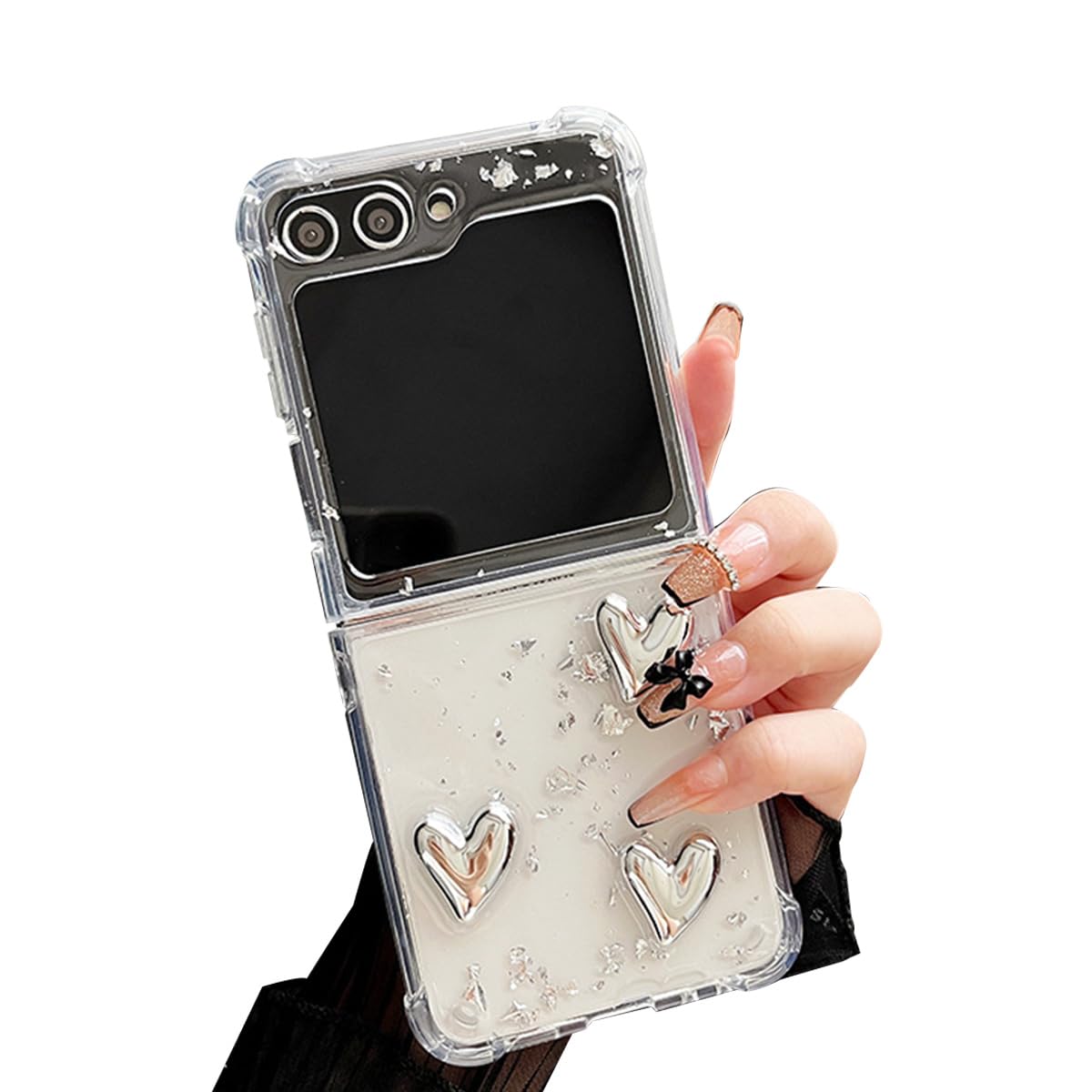 For Samsung Galaxy Z Flip 5 Clear Case with Silver Foil Plating Love Heart, Woman Aesthetic Case for Galaxy Z Flip 5 Glitter Shiny Back Air-Bag Protection, Cute Girly Case for Z Flip 5 -Metal Love