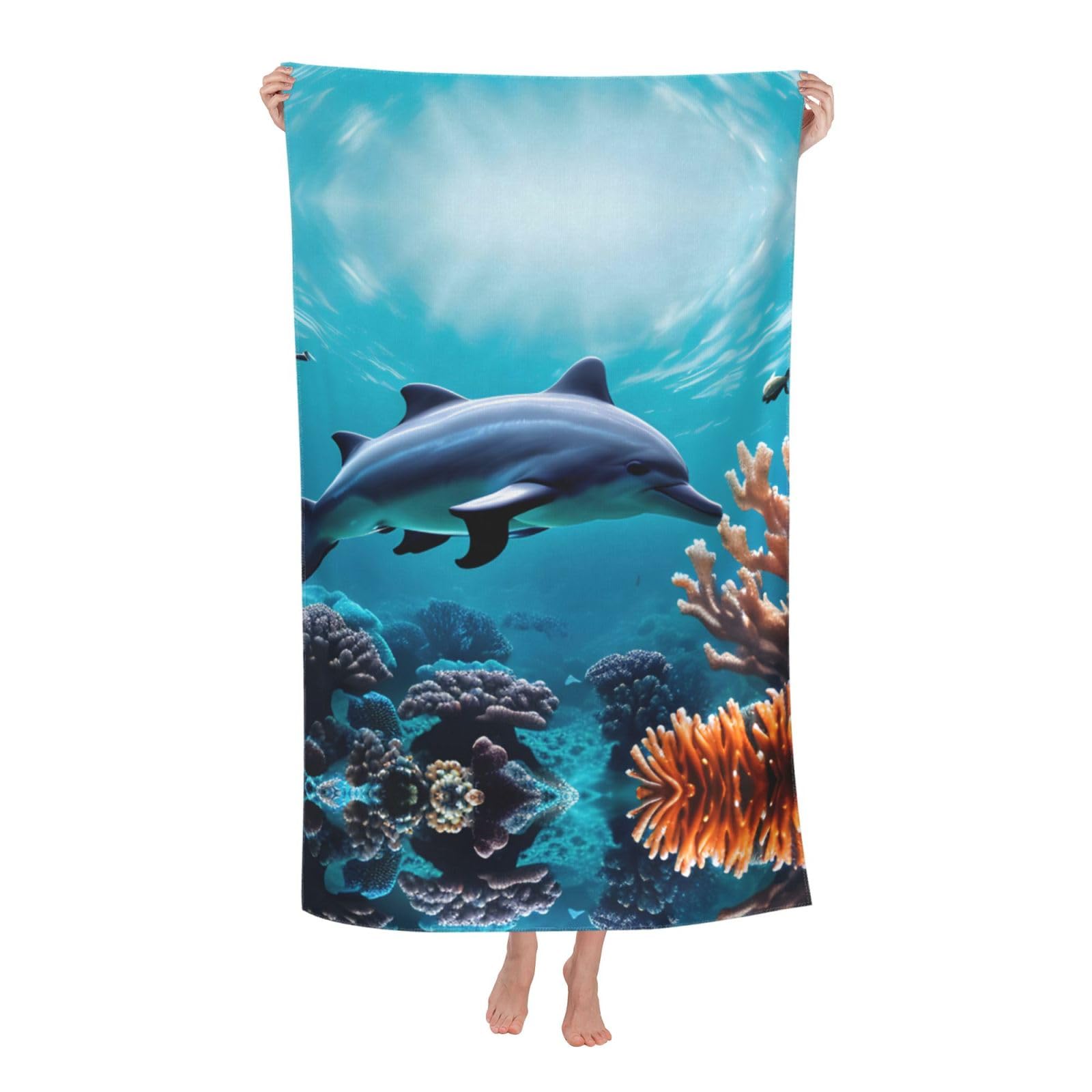 Oazcvbnn Women's White Beautiful Underwater World Dolphins Coral Print Adult Beach Towel Summer Travel Pool Vacation Swimming Fitness Outdoor Adventures