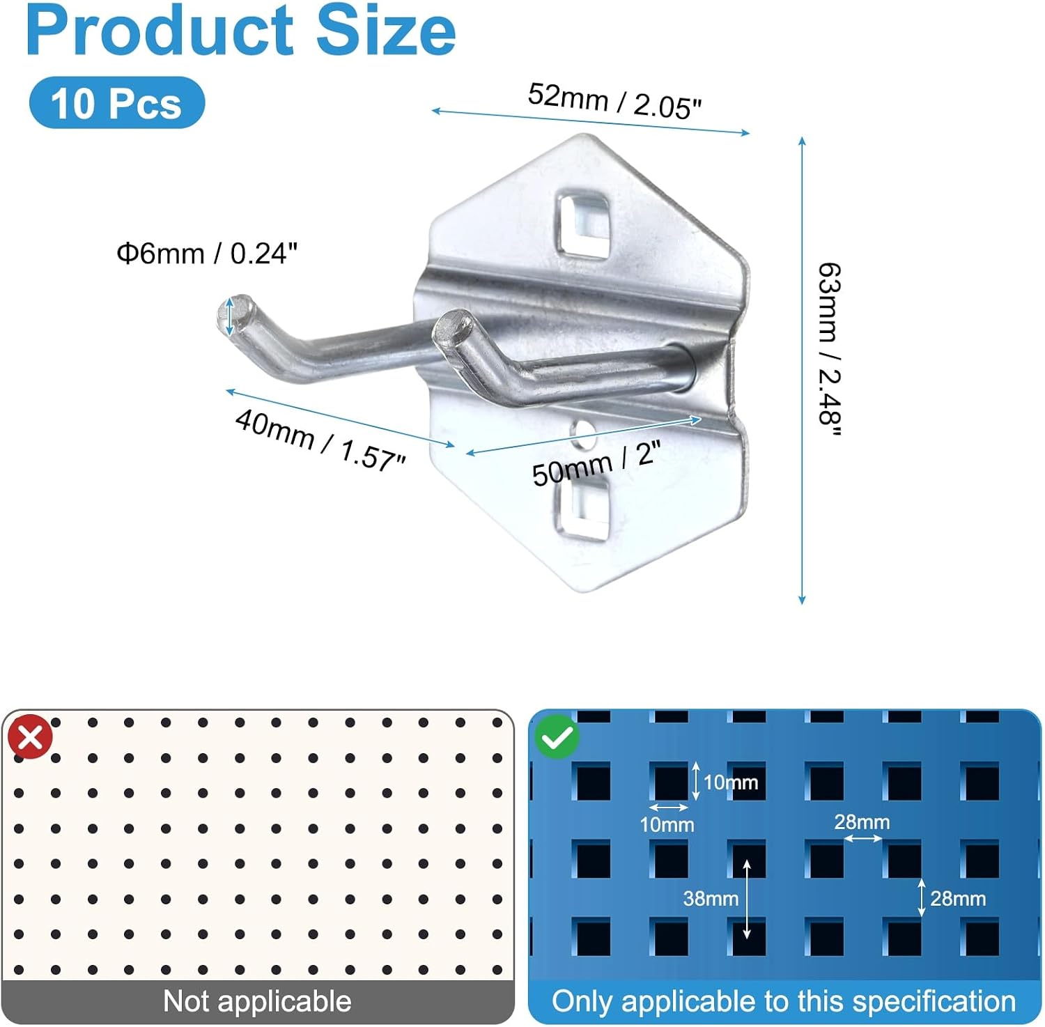 uxcell 10Pcs Metal Square Peg Board Hooks, 2" Heavy Duty Exhibition Display Hooks Square Hole Peg Double Rod for 3/8" Spaced Pegboards, Retail Shelf Rack Hook, Silver