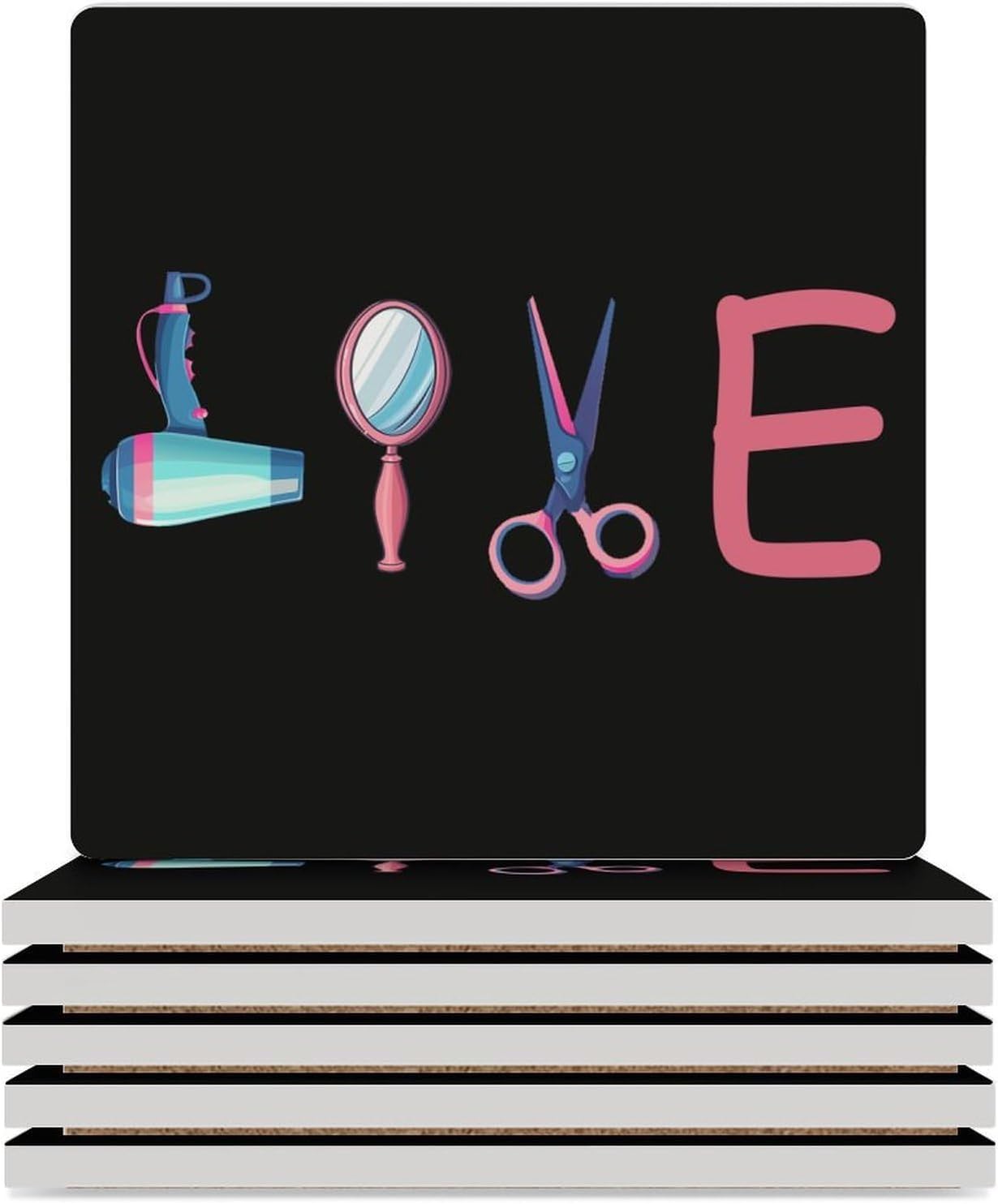 Hairdresser Hairstylist Love Barber Tool Coaster for Drinks Square Ceramic Table Coasters Stone Mat Crafts 4PCS Home Kitchen Decor