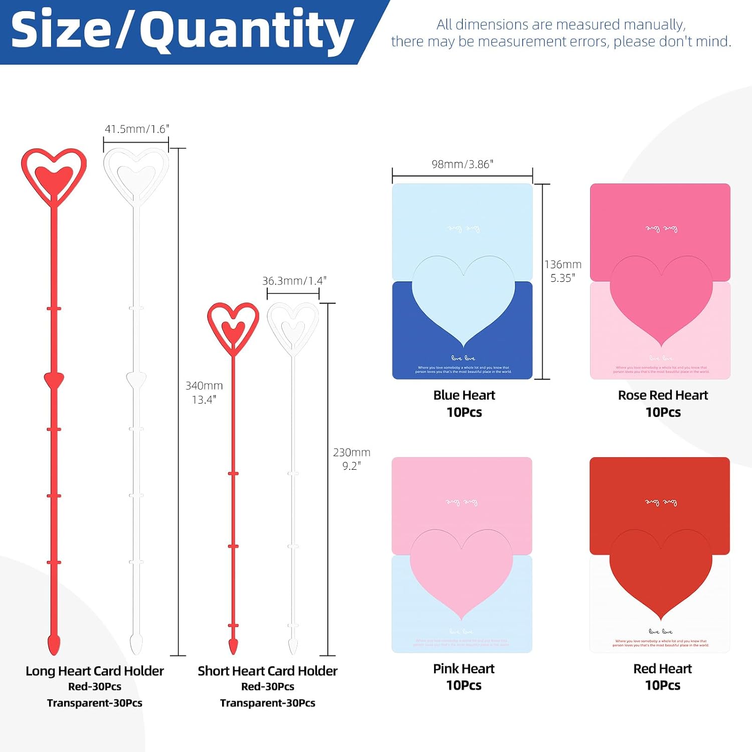 Glarks 164pcs Floral Pick Card Holder Set Including 120pcs 9in 13in Clear and Red Heart Shape Head Plastic Card Holders with 40pcs Greeting Cards for Floral Arrangement Bouquet Wedding