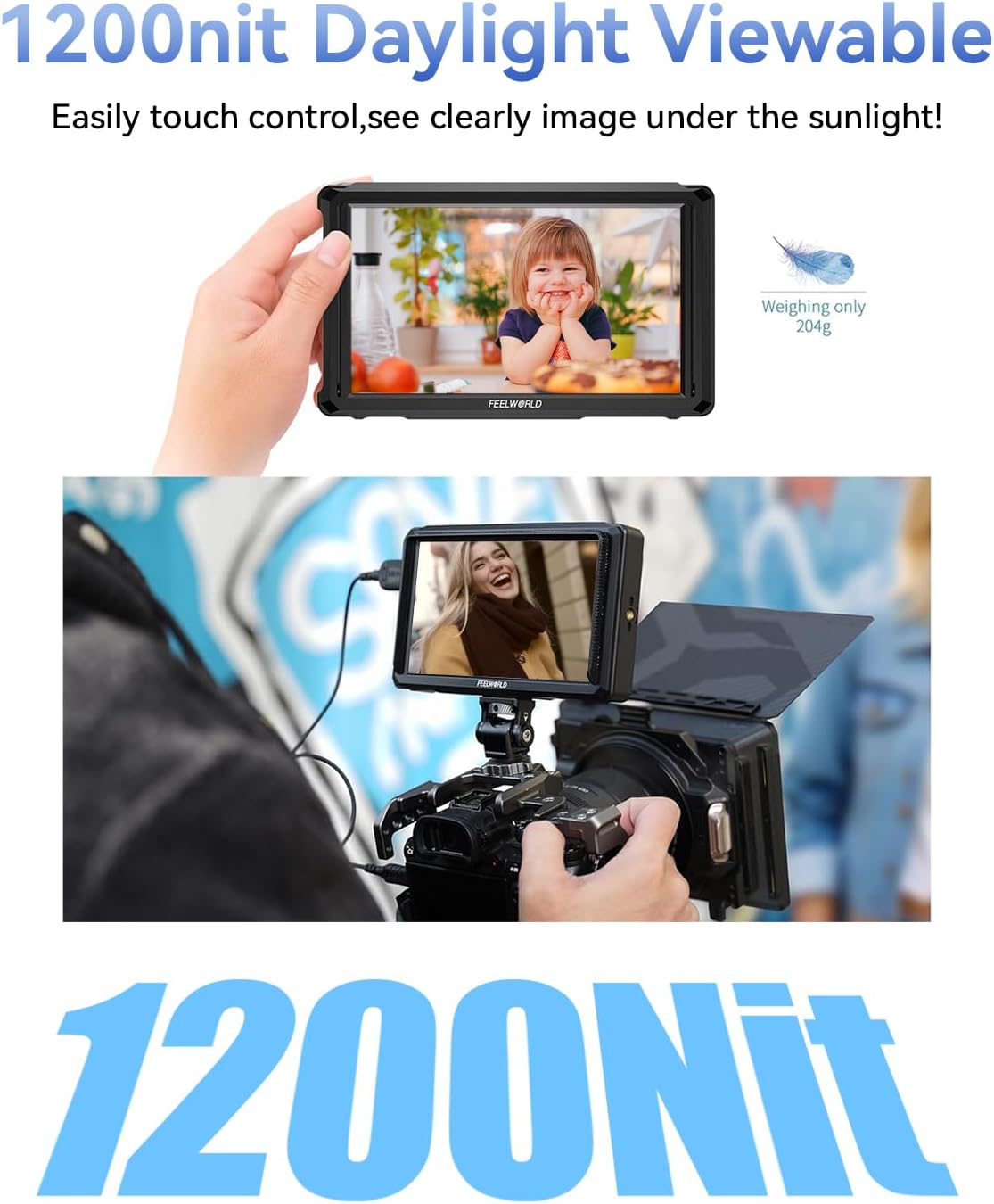 FEELWORLD FFW568 PRO Camera Monitor, 6 Inch 1200nit High Bright DSLR Field Monitor for Camera, Custom 3D LUT, 1920X1080 IPS 4K 60Hz HDMI in Out, Waveform Monitoring with F750 4400mAh Battery and Bag