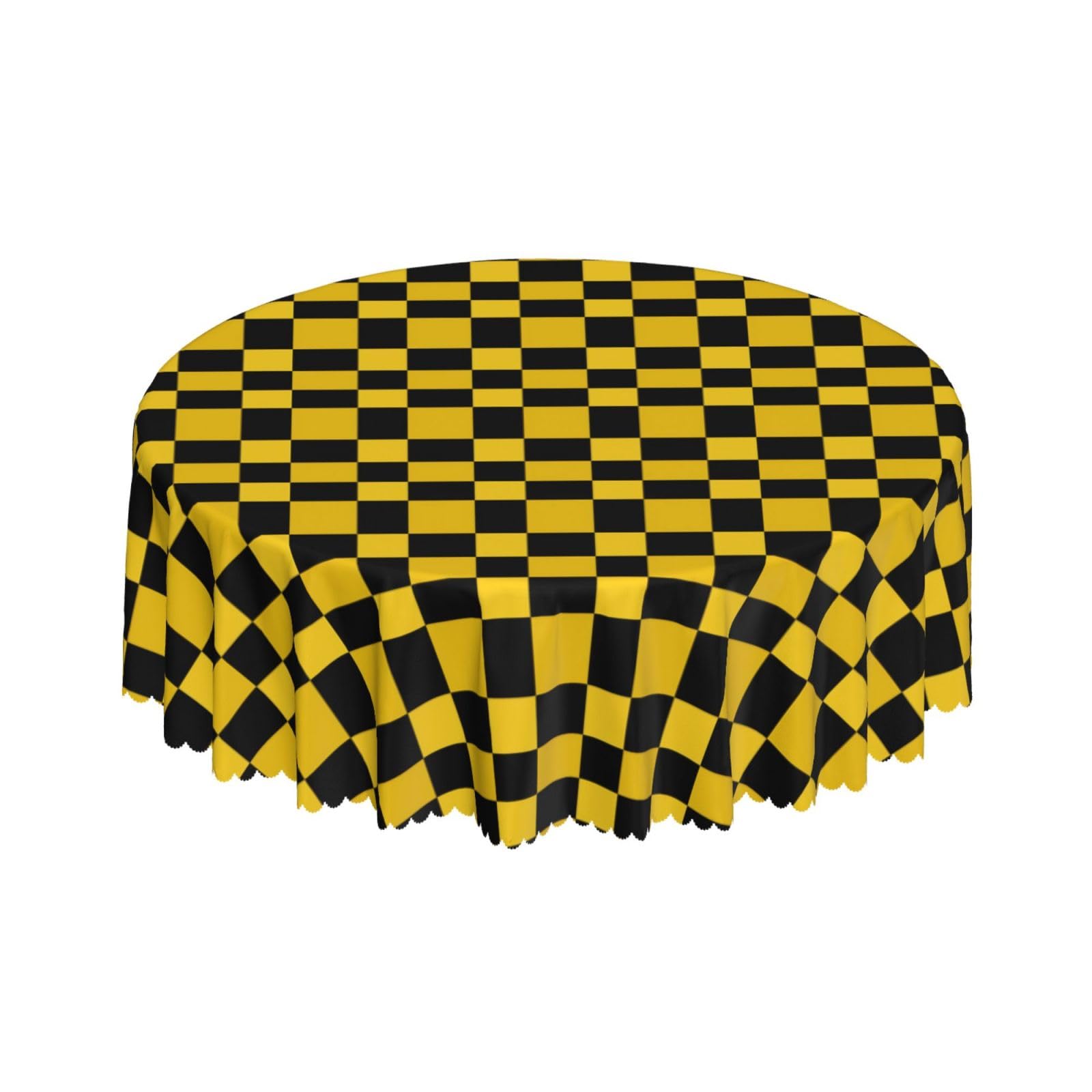 Round Tablecloth with Wave Lace 60 Inch, Yellow Black Scottish Plaid Circular Table Cover Spillproof Soil Resistant Tabletop Cover Kitchen Tablecloths for Restaurant, Picnic, Indoor Outdoor Dining