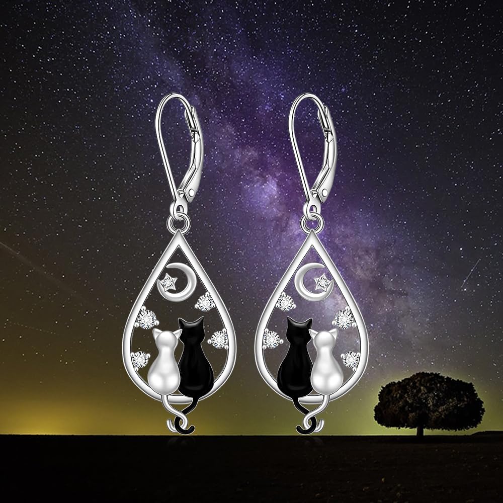 Black Cat Earrings for Women Dangle Cute Cat Sterling Silver Earrings Leverback Halloween Christmas Jewelry Cats Gifts - Image 4
