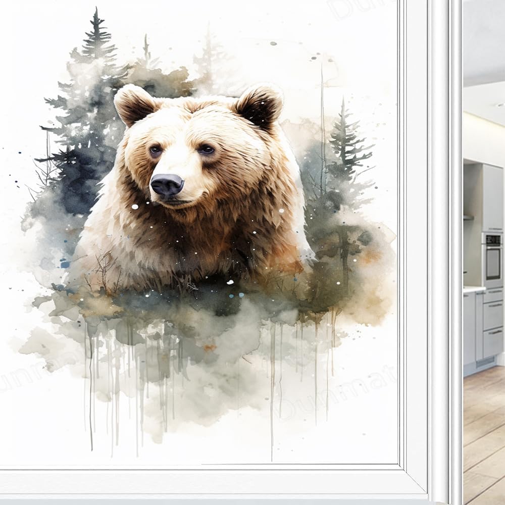 Watercolor Bear Privacy Window Film Vintage Animal Woods Painting Glass Sticker Frosted Window Film Home Windows Glass Decorative Door Covering Sun Blocking 35.4Wx63L inch