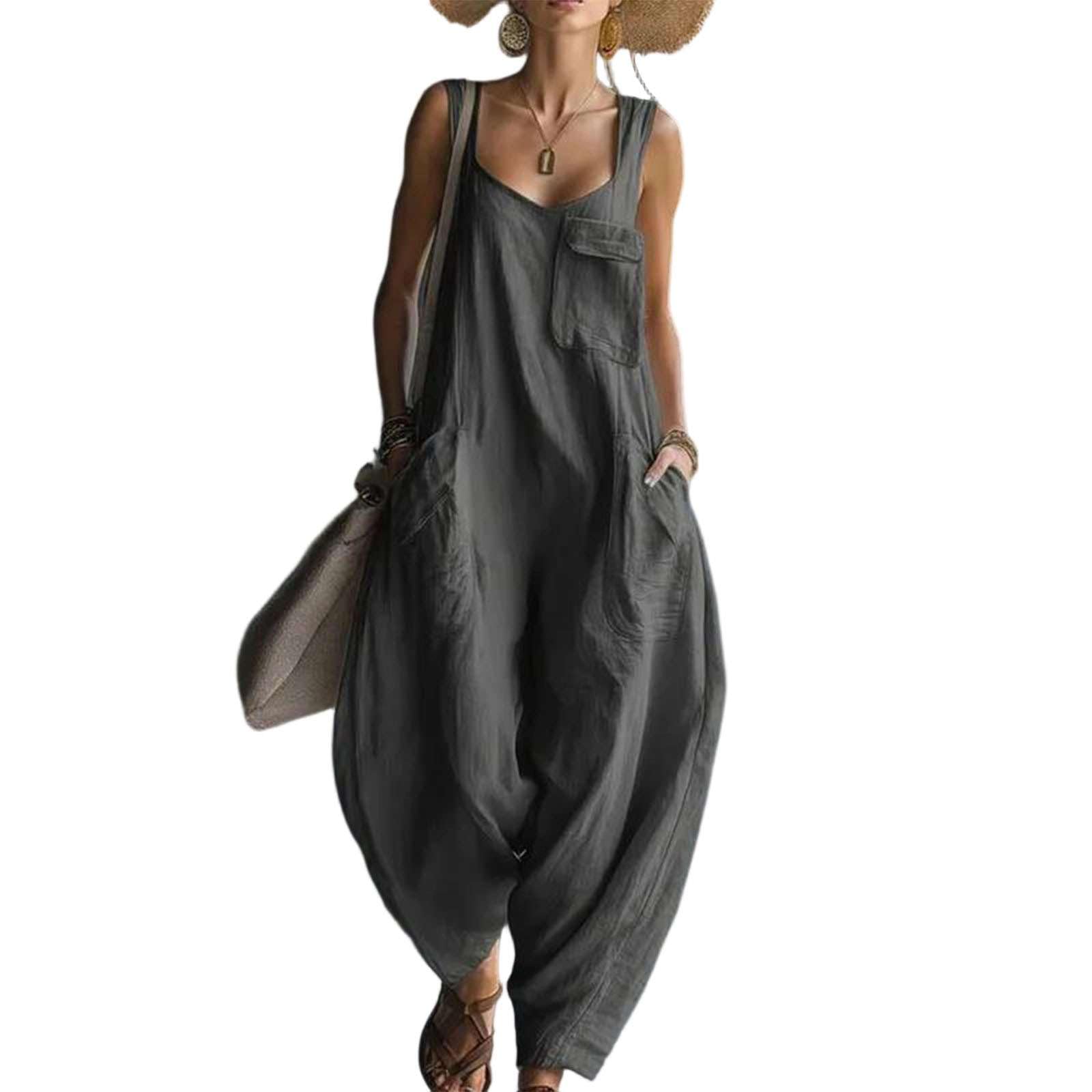 Jumpsuit Damen Sommer Elegant Overall Weites Bein Hosenanzug Baumwolle Leinen Latzhose Baggy Vintage Playsuit Outfit Festlich Hochzeitsgast Romper mit Taschen Freizeitmode Curvy Luftig Onesie
