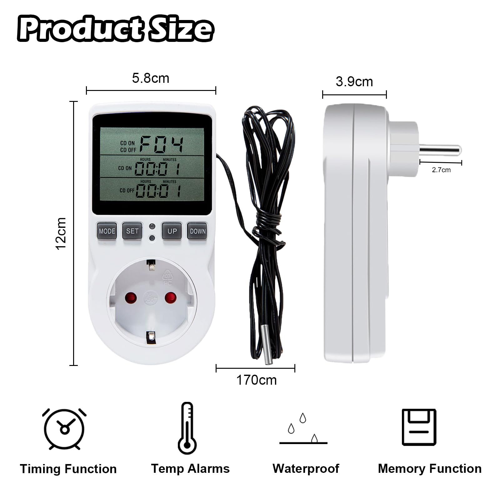 Termostato Presa Digitale Regolatore di Temperatura 230V con Sonda Presa con Regolatore di Temperatura per Serra, Acquario, Riscaldamento, Terrario, Acquario, Rettili, Incubatore Thermostat