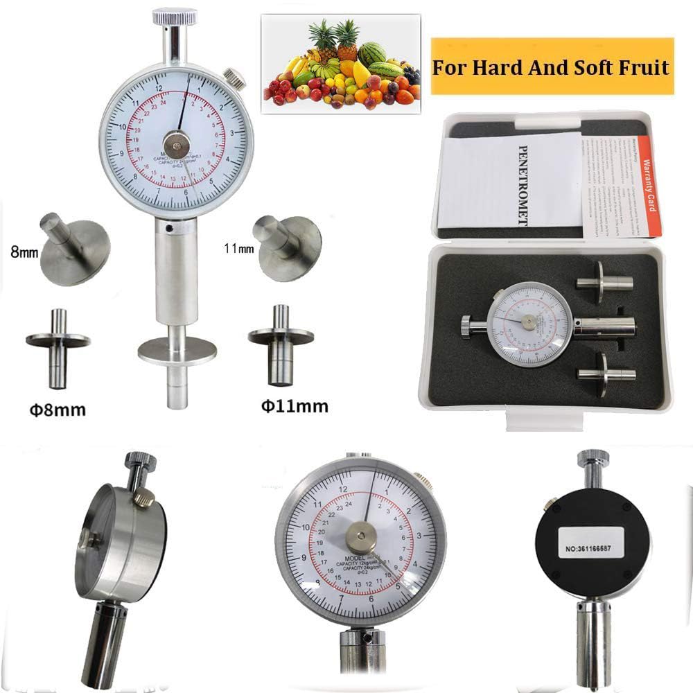 Fruit Hardness Tester Fruit Penetrometer Sclerometer Hand Fruit Durometer Hardness Tester Two Pressure Head SR 8mm SR 11mm 0.5-12kg/cm2 and 1-24kg/cm2 Fruit Hardness Tester Meter Gage