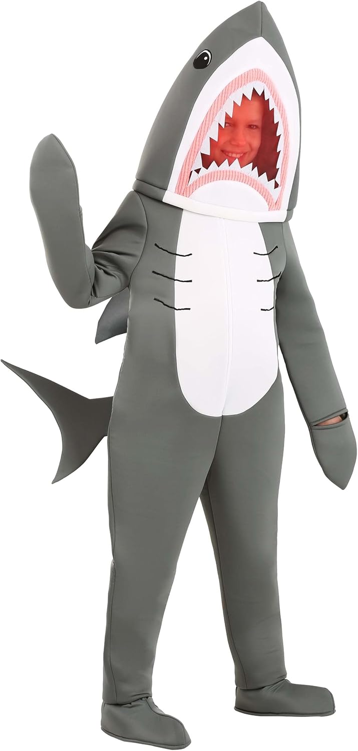 Kids Shark Costume | Fish Mascot Jumpsuit With Tail, Fin, Shoe Covers, And Mesh Mouth for Halloween, Cosplay