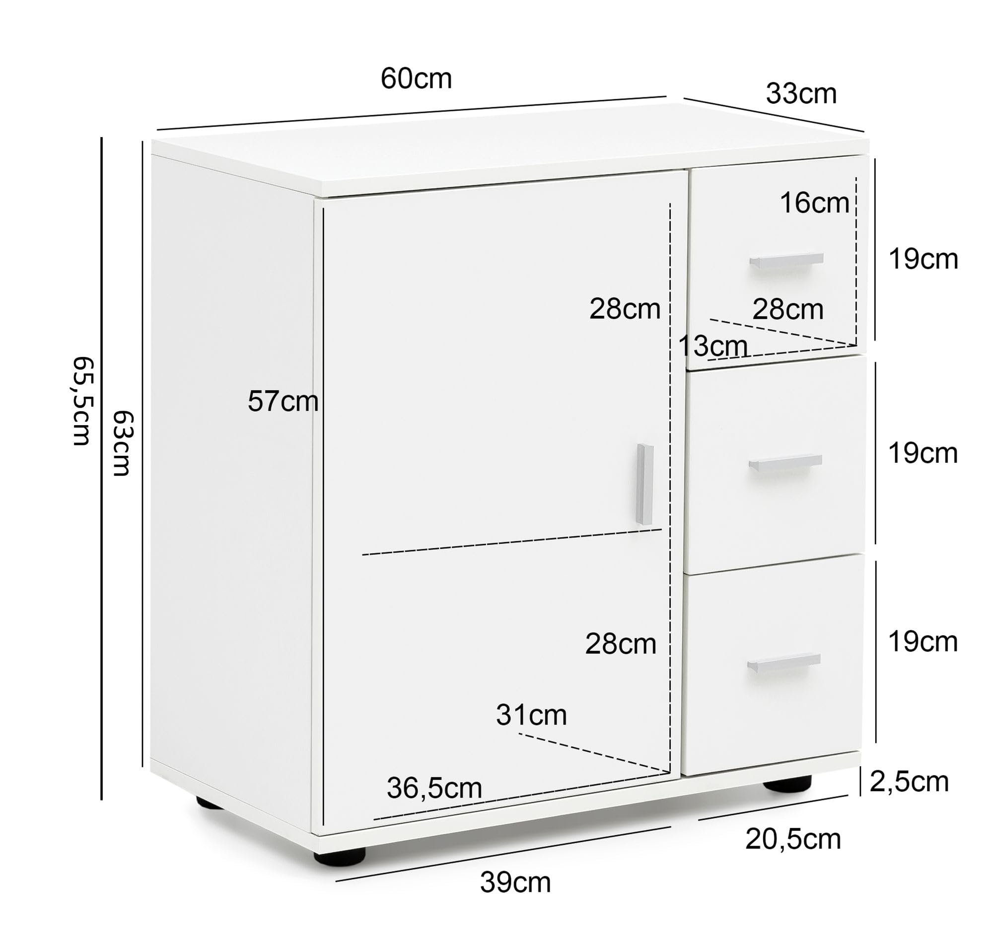 WOHNLING Mobile Bagno Midi 60x33x65,5 cm Bianco, Anta e Cassetti