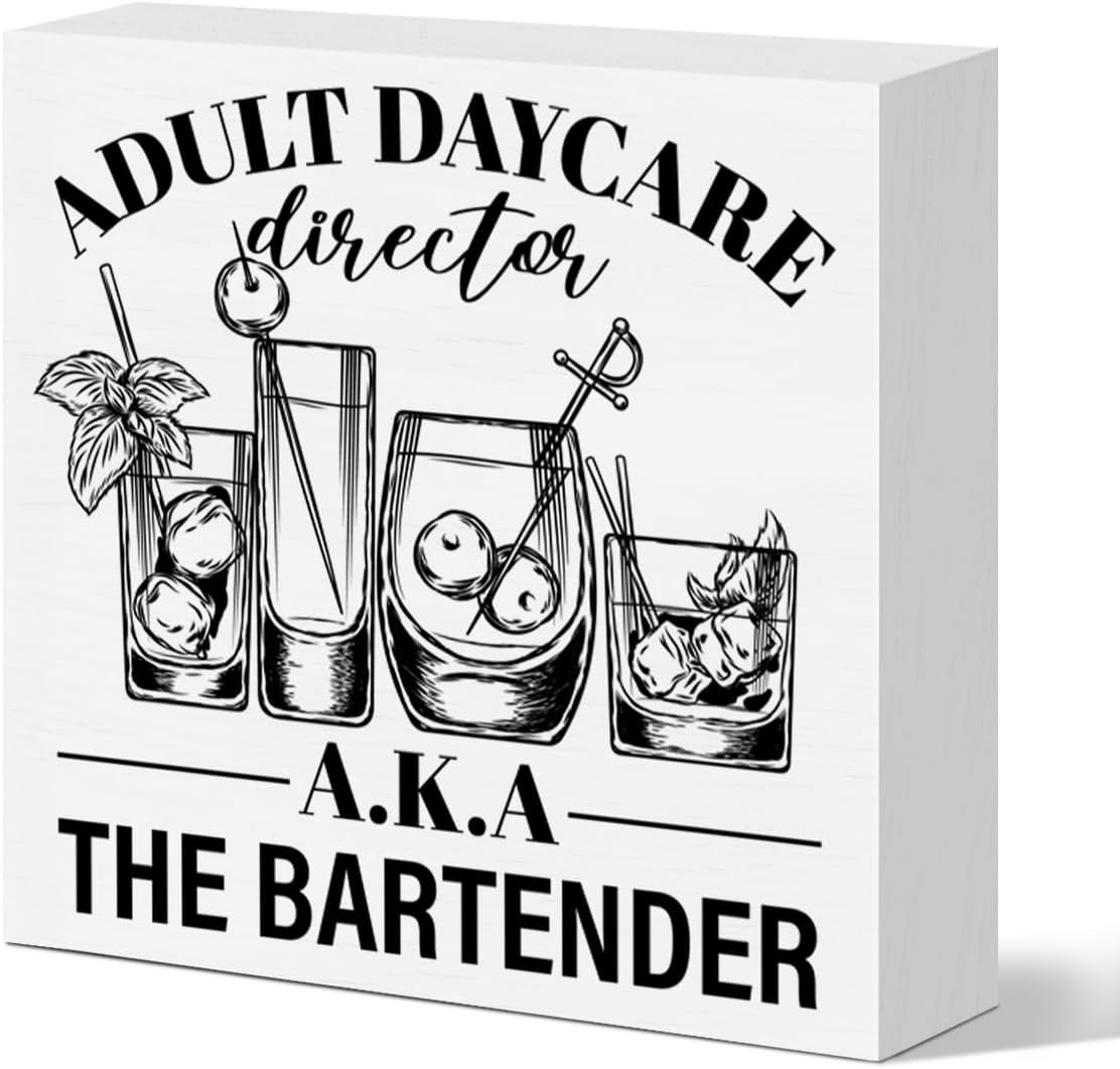 Funny Bartender Gifts for Women Men, Bartender Mixologist Christmas Birthday Gift Farmhouse Home Bar Cart Table Decor Wooden Sign, Adult Daycare Director Aka The Bartender
