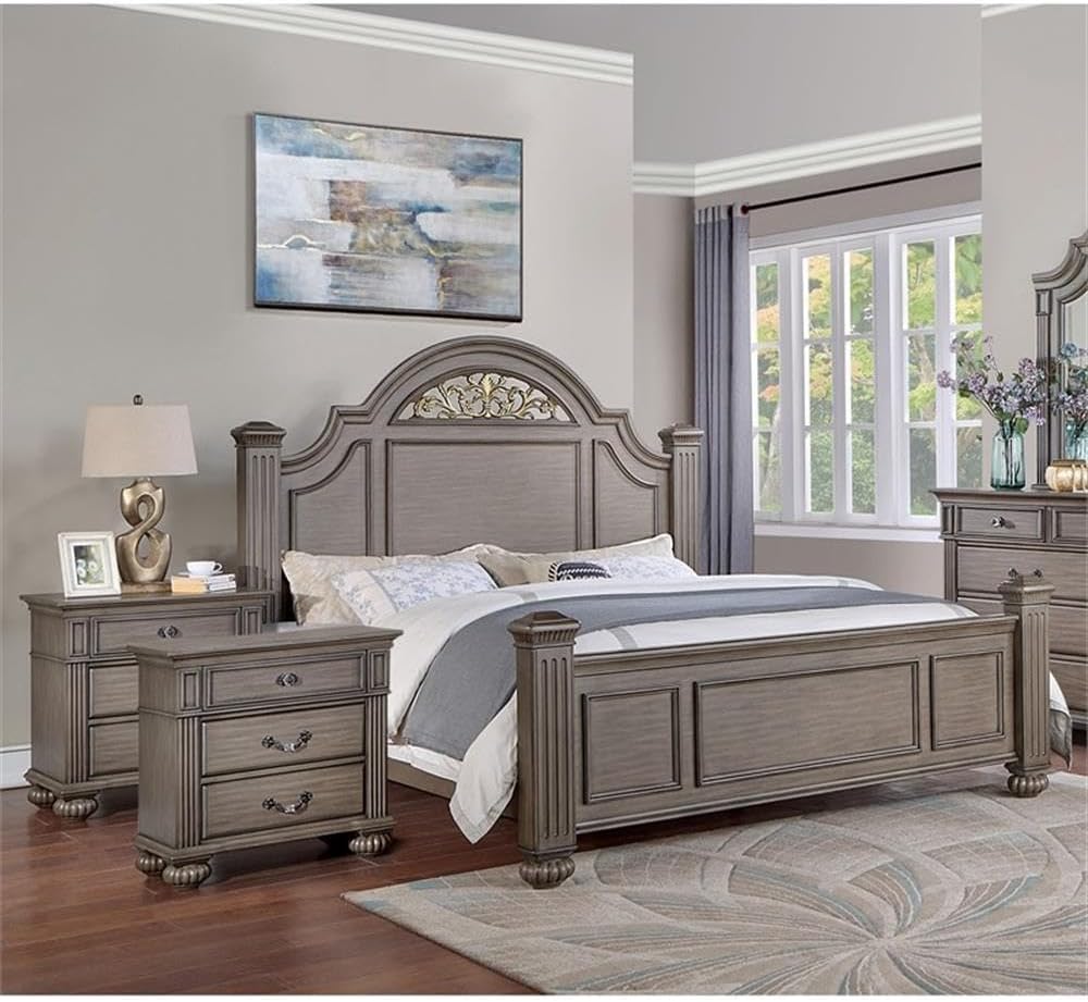 BOWERY HILL 3pc Solid Wood Bedroom Set, California King Bed + 2 Nightstands, Gray Finish, Panel Design, Floral and Fluted Accents, Bun Feet, Ample Drawer Storage, Traditional Style for Elegant